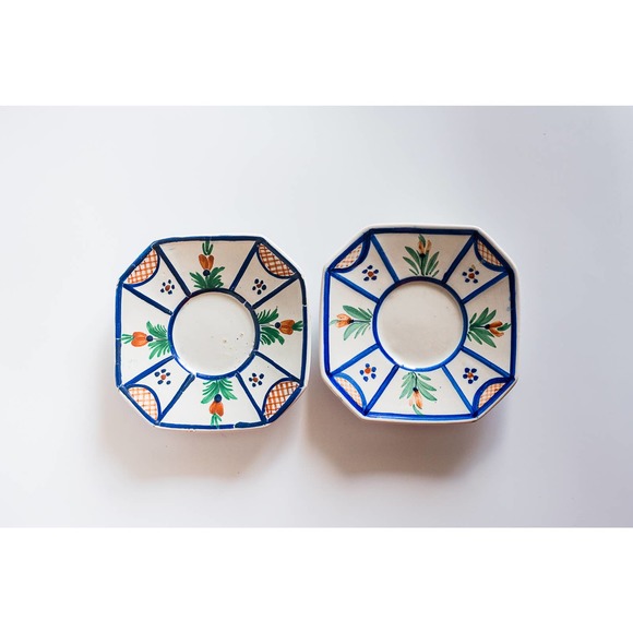 2 Vintage HB Quimper Faience Mistral Blue Patttern Tea Saucers Only - Picture 1 of 8